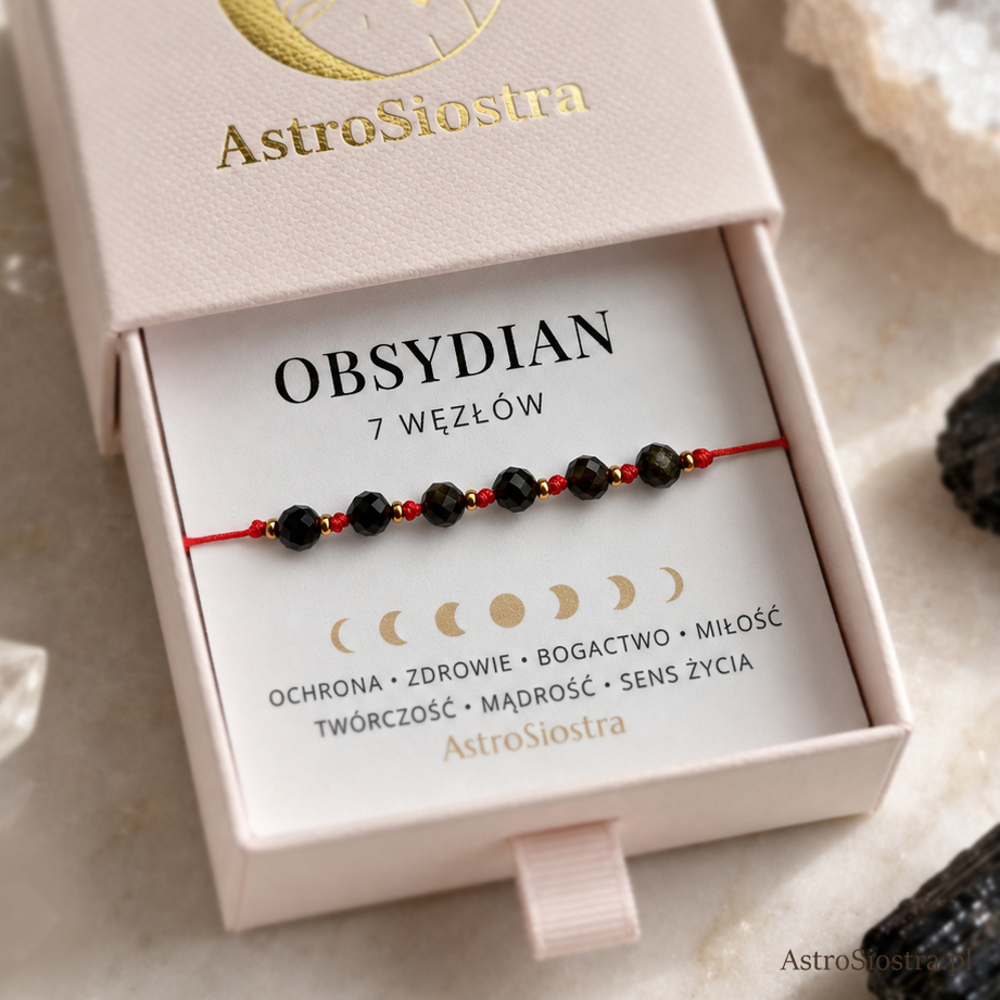 Bransoletka 7 węzłów Obsydian Czarny Ochronna Ochrona Talizman Amulet